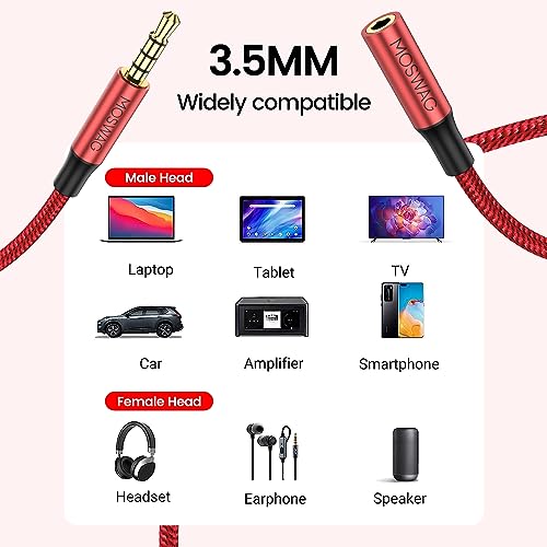 MOSWAG 26.2FT 3.5mm Male to Female Extension Cable with Microphone Stereo - color: Red, size: 26.2 ft