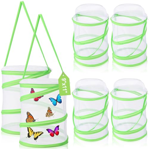 Sherr 6 Pack Butterfly Habitat Cage, 9"x11" Pop-up Mesh Butterfly Net Terrarium, Reusable Caterpillar Raising Kit, Portable Bug Catcher Enclosure for Transporting and Raising Critter (Green) - color: Green