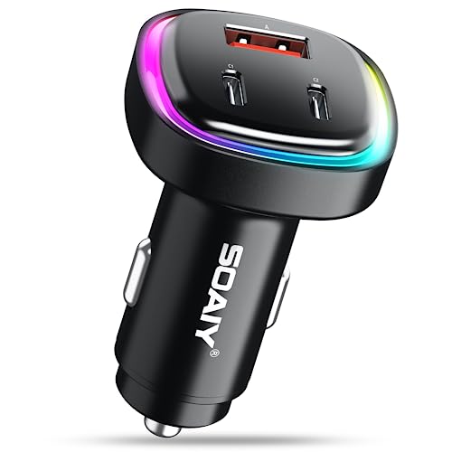 66W USB C Car Charger, [All Metal] 2PD + QC3.0 USB Car Cigarette Lighter USB Charger Adapter with RGB for Samsung Galaxy S23/22/21 iPhone iPad Pro Pixel Android Phones