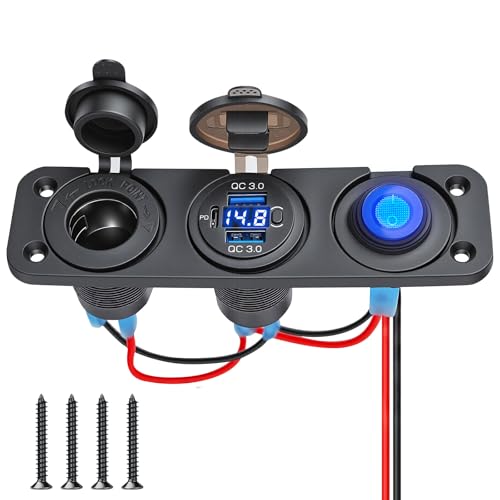 12V 3 in 1 Waterproof Cigarette Lighter Socket, Dual QC3.0 USB and PD3.0 Type‑C Fast Charger Ports, Digital Voltmeter and Switch for Car Marine Boat RV Truck ATV