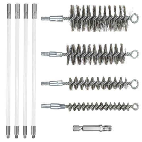 50in Pipe Cleaning Brush Set with Stainless Steel Bristles, Wire Brushs with 4pcs Galvanized Rod, Stainless Steel Pipe Brushs 4pcs for Auto Parts,Bottles,Tubes (3/5,1,1 3/5,2 in Brush Heads
