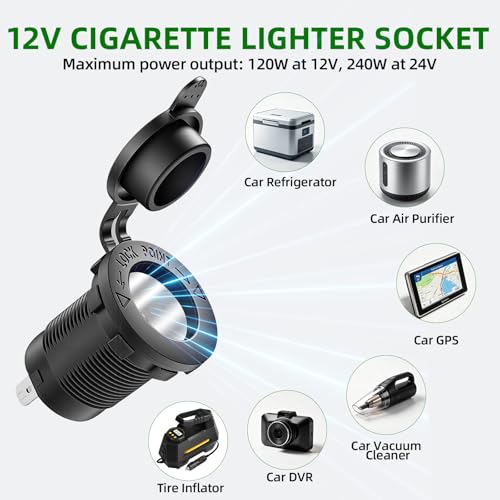 12V 3 in 1 Waterproof Cigarette Lighter Socket, Dual QC3.0 USB and PD3.0 Type‑C Fast Charger Ports, Digital Voltmeter and Switch for Car Marine Boat RV Truck ATV