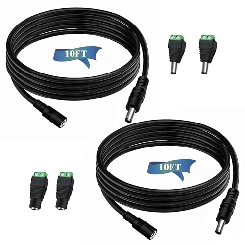Dianrui 2 PCS 10FT (3M) Dc Power Extension Cable, 5.5mm x 2.1mm 12V Dc Extension Cord Power Adapter with Power Jack Adapter Connectors(2 x Male + 2 x Female) for Printers/CCTV Security Camera/Routers - size: 2X10FT