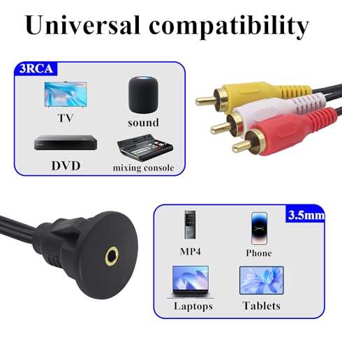 3 Feet TRRS 3.5mm to RCA Panel Flush Mount Cable AUX 3.5mm Female to 3 RCA Male Plug Stereo Audio Video AV Extension, Dash Mount Cable for Car, Boat, Motorcycle (1 M) - color: 1M, 3RCA to 3.5mm