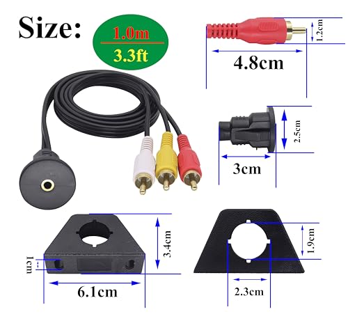 3 Feet TRRS 3.5mm to RCA Panel Flush Mount Cable AUX 3.5mm Female to 3 RCA Male Plug Stereo Audio Video AV Extension, Dash Mount Cable for Car, Boat, Motorcycle (1 M) - color: 1M, 3RCA to 3.5mm