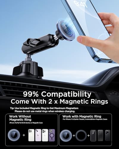 Magnetic Car Phone Holder [3-in-1] for Dashboard, Windshield & Vent, with Strong Suction Cup, Adjustable Metal Arm & 360° Rotation, Universal Phone Mount for All Cell Phones