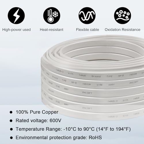14/3 Wire with Ground - 15FT 14 Gauge NM-B Non-Metallic Sheathed Cable 100% Pure Copper 14 AWG 3 Conductor Residential Indoor Wire for Outlets, Switches, Other Loads and Lighting Wiring Projects etc. - size: 15FT, style: 14AWG/3