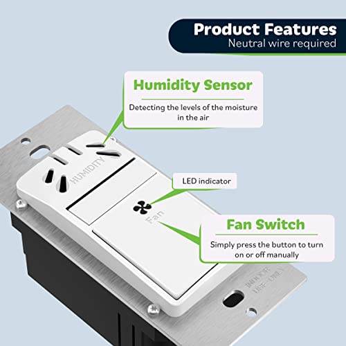 TOPGREENER Humidity Sensor and Fan Control Switch, Ventilation Fan Humidity Sensor Switch, Neutral Wire Required, TDHS5, 2-Pack (Wall Plate Included) - color: White