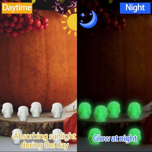 CCINEE 100Pcs Glow in The Dark Mini Skull Heads Miniature Figurines - Plastic Halloween Decorations for DIY Crafts, Home Prank Props, Party Favors