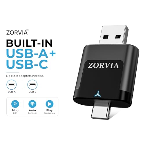 ZORVIA Wireless CarPlay Adapter for iPhone & Android Auto 2026 Upgraded - Convert Wired CarPlay to Wireless, Fast Auto Reconnect, Plug and Play, USB-C & USB-A (Black) - color: Black