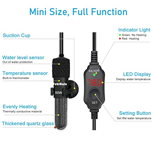 YukiHalu Small Submersible Aquarium Heater, Adjustable Mini Fish Tank Heater 25W 50W 100W 200W 300W with External Temperature Controller, LED Display, Used for 5/10/20/40/60 Gallons (25 Watts) - size: 25 Watts
