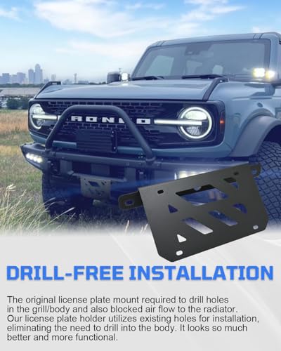 for Bronco Front License Plate Bracket, Steel License Plate Holder No-Drill Required Compatible with 2021 2022 2023 2024 2025 2026 Ford Bronco with Heavy-Duty Modular Bumper 2/4 Door - size: For Bronco Modular Bumper