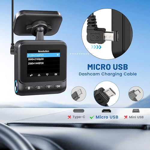 EWAY Dash Cam Mircro USB Power Cord 16.5ft, USB 2.0 A to Micro-B Left Angle 90 Degree Replacement Power Supply Cable Car Charger Adapter USB Connector for Dashcam Dash Board Recorder Recording Camera