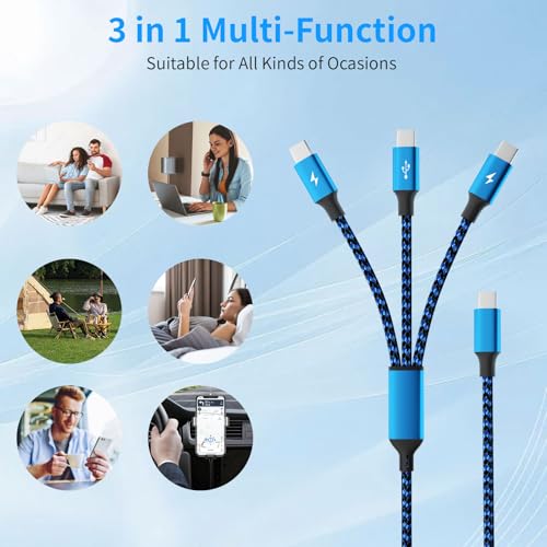 USB C Splitter Cable, 3 in 1 Multi Charging Cable, 2Pack 5FT - color: USB C-Blue_Black2-2Pack