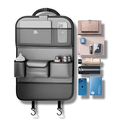 2 Pack Leather Car Backseat Organizer with Foldable Table Tray, Universal Car Seat Back Protector Kick Mat with Touchscreen Tablet Holder, Storage Pockets, Cup Holders & Tissue Holder, Black - color: Gray