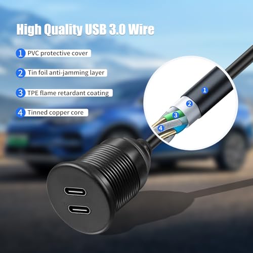 Dual Port USB A 3.0 Male to USB C 3.0 Female Extension Cable,Flush Mount Waterproof Panel Cable for Car,Truck,Boat,Motorcycle Dashboard 3.3ft - style: Dual USB A-C 3.0