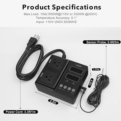 Temperature Controller 1650W 15A BTC211 Dual Digital Outlet Thermostat Plug, Pre-Wired, 2 Stage Heating and Cooling Mode, 110V - 240V, Fermentation BBQ Reptile Aquarium