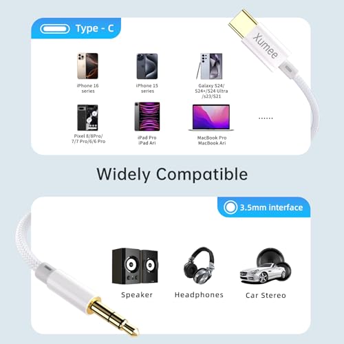 Xumee USB C to 3.5mm Aux Cable 4ft, Aux to USB C Audio Jack Cord with Built-in DAC (16-Bit/48 kHz), Cotton Braided, Gold-Plated Connectors, for iPhone 15/16/17 Series, for Samsung Galaxy and More