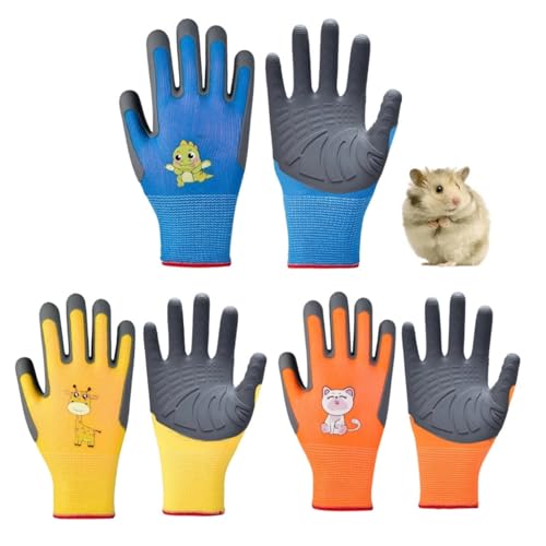 Kids Hamster Anti-bite Gloves,Small Pet Scratch Proof, Children Gardening Gloves,3 Pairs with Cute Print - size: XS AGE 7-9