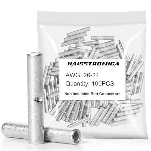 haisstronica 100PCS Non-Insulated Butt Connectors AWG 26-24 Tinned Copper - size: 26-24 AWG