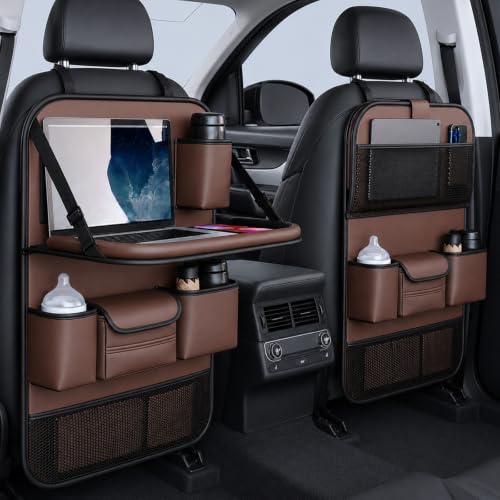 2 Pack Leather Car Backseat Organizer with Foldable Table Tray, Universal Car Seat Back Protector Kick Mat with Touchscreen Tablet Holder, Storage Pockets, Cup Holders & Tissue Holder, Brown - color: Brown
