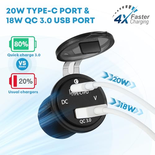 Kohree 3 in 1 12V USB Outlet with USB QC3.0 & PD Type C Fast Charging Ports