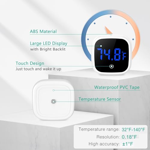 ORIA Digital Aquarium Thermometer, Stick-on LED Fish Tank Thermometer, Mini Aquarium Thermometer with 0.18°F Accuracy, Touch Button, Battery, for Fish, Reptile, Axolotl, Salt/Fresh Water