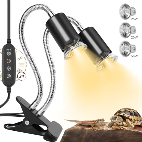 Reptile Heat Lamp, Dual-Head UVA UVB Reptile Light, Heating Lamp with Cycle Timer, Heat Lamp for Reptiles Bearded Dragon Turtle Crab Snake Lizard, Separate Control, 3 Basking Bulbs Light - color: Dual-head Lamp With Timer & 3 Bulbs