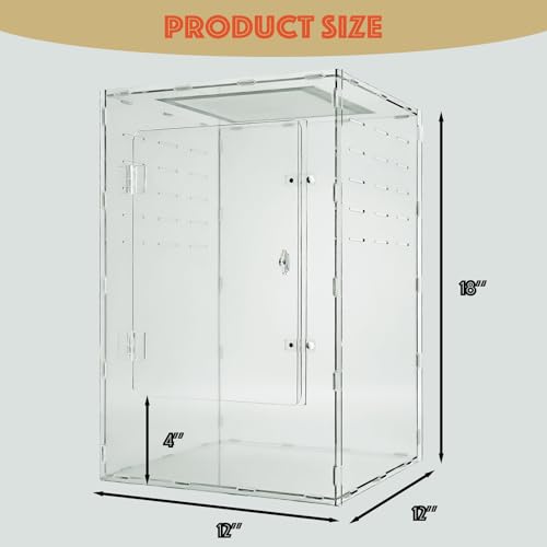 12" x 12" x 18" Reptile Enclosure, Clear Acrylic Terrarium with Front Opening Doors, Screen Top Ventilation, Secure Lock for Arboreal Reptiles - color: Clear