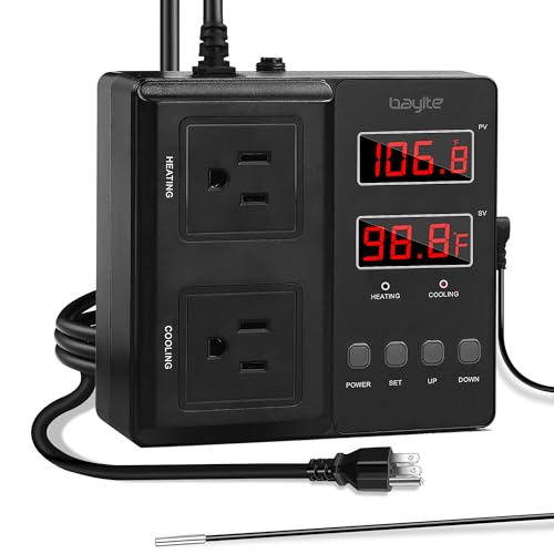 Temperature Controller 1650W 15A BTC211 Dual Digital Outlet Thermostat Plug, Pre-Wired, 2 Stage Heating and Cooling Mode, 110V - 240V, Fermentation BBQ Reptile Aquarium