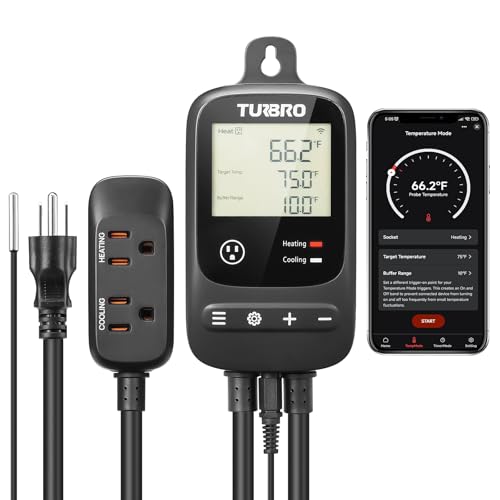 [2 Pack] TURBRO Smart Temperature Controller Heating Cooling, WiFi-Enabled Thermostat with Timer and Temperature Monitoring for Home Brewing, Seedling, Greenhouse, and Reptile Terrarium