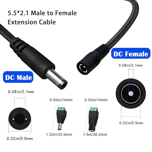 Dianrui 2 PCS 10FT (3M) Dc Power Extension Cable, 5.5mm x 2.1mm 12V Dc Extension Cord Power Adapter with Power Jack Adapter Connectors(2 x Male + 2 x Female) for Printers/CCTV Security Camera/Routers - size: 2X10FT