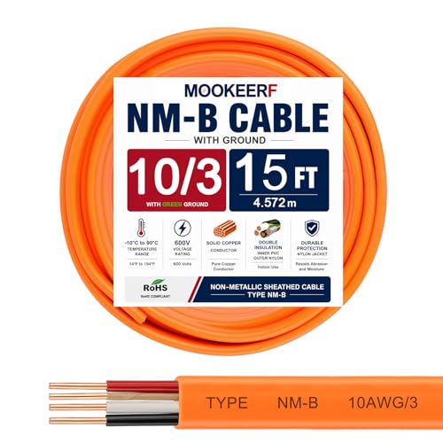 10/3 Wire with Ground - 15FT 10 Gauge NM-B Non-Metallic Sheathed Cable 100% Pure Copper 10 AWG 3 Conductor Residential Indoor Wire for Outlets, Switches, Other Loads and Lighting Wiring Projects etc. - size: 15FT, style: 10AWG/3