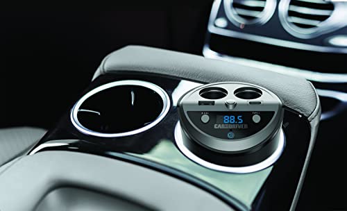 Car and Driver Smart FM Transmitter Bluetooth Cup Holder, Compatible with Alexa, Siri, and Google Assistant for Car, Dual USB-A and USB-C PD Fast-Charging Ports and Cigarette Lighter 12V Power Sockets