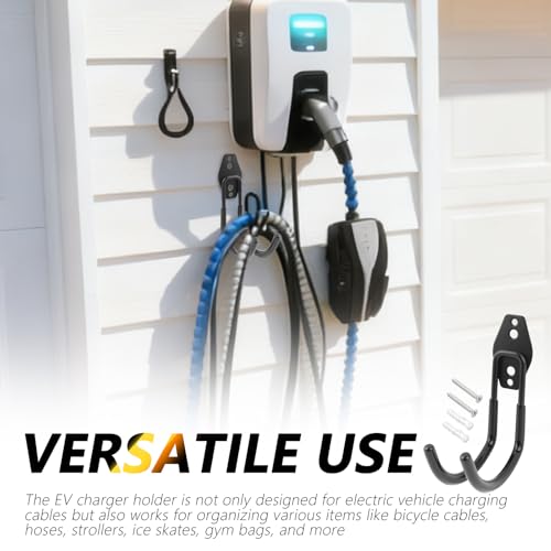 J Hooks EV Charger Holder Wall Mount,66LB Heavy-Duty EV Charging Cable Holder with Non-Slip Coating,Universal EVs Cable Holders as Garage Organizer for Indoor & Outdoor Use