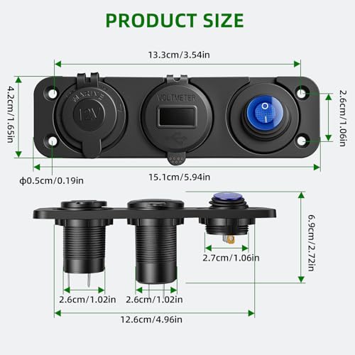 12V 3 in 1 Waterproof Cigarette Lighter Socket, Dual QC3.0 USB and PD3.0 Type‑C Fast Charger Ports, Digital Voltmeter and Switch for Car Marine Boat RV Truck ATV