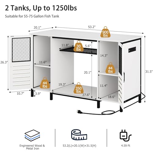 BREEZEHEAT 55-75 Gallon Fish Tank Stand with Power Outlets, LED Light, Adjustable Shelves, Heavy Duty Aquarium Stand with Cabinet, Terrarium stand Suitable for Turtle & Reptile Tank, 1250LBS, White