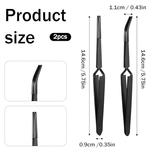 Reverse Tweezers for Crafting, 2 Pcs Rubber Tipped Tweezers Stainless Steel PVC Coated Bent and Straight Flat Tip Cross Locking Precision Tweezer Set for Crafts Jewelry Beads Coins Electronic (Black)