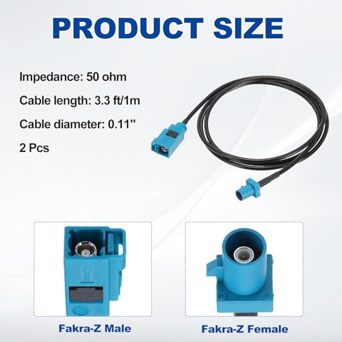 uxcell 2Pcs Antenna Extension Cable, 3.3ft/1m Fakra-Z Male to Fakra-Z Female RF Coax Cable for Car Stereo Head Unit GPS Navigation FM AM Radio RG174 - size: 3.3ft/1m