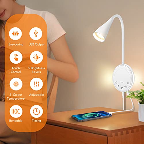 SANKEDOU LED Wall Mounted Reading Light, Book Light for Reading in Bed with Touch Control, 5 Dimmable, USB Output, Night Light & Timers Function, Flexible Gooseneck Headboard Bed Lights (White) - color: White