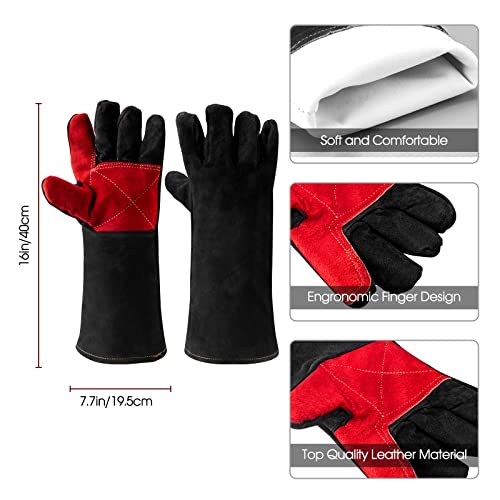 AOWPFVV 16 Inches Leather Welding Gloves Fire Resistant,Animal Handling Gloves Bite Proof for Cat Dog Snake - Large - color: Black Red Size Large 16in