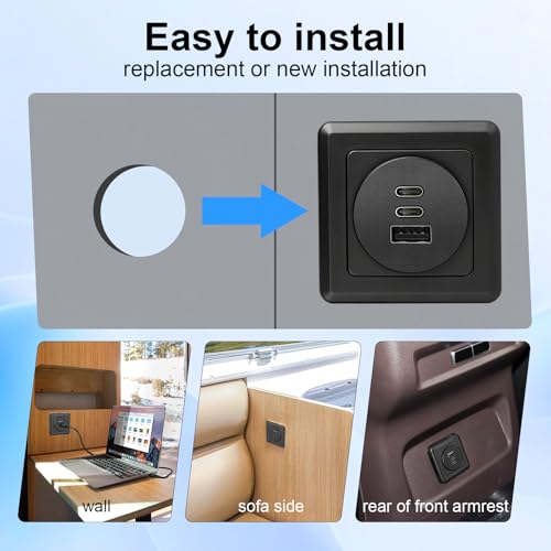 12v RV USB Wall Panel Mount Outlet, 78W 3 Port 12 Volt USB Charging Station, Aluminum Body + Black Faceplate usbc and usba Plug Phone Charger, USB-c PD Fast Charging for RV (2 Pack) - color: 2 Pack