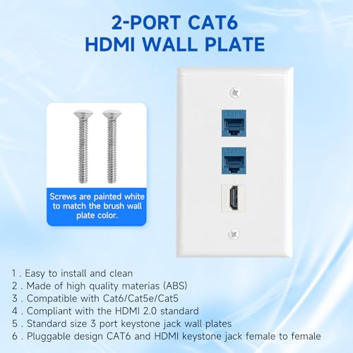 4 Pack Ethernet HDMI Wall Plate, 2-Port Cat6 & 1-Port HDMI Keystone Jack - size: 4 Pack HDMI+2-Port CAT6