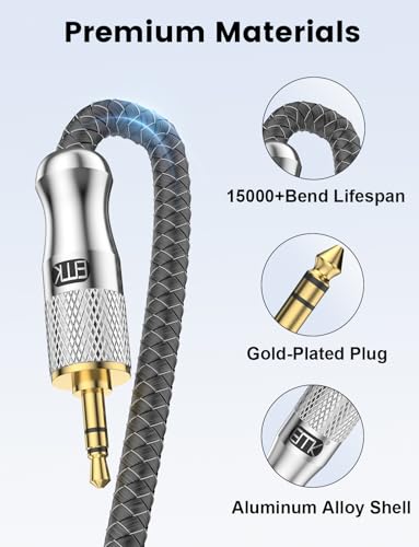 EMK Premium 1/8" to 1/4" (3.5mm to 6.35mm) TRS Stereo Cable - Nylon Braided Male to Male Adapter for Guitar, Keyboards, Amps & Studio Gear (6Ft/2M) - Gold-Plated, Noise-Free - size: 6 Feet, style: 1/8 to 1/4 Stereo Cable