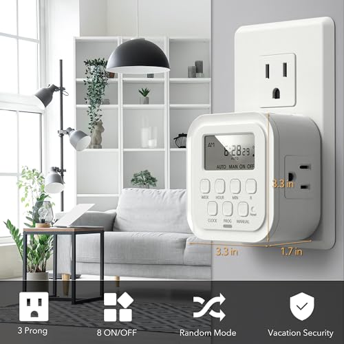 HBN 7 Day Heavy Duty Digital Timer, Dual Outlet, On/Off Programs 3-Prong Programmable Timer, Indoor, for Lamp, Light, Fan, Pets, Home, Kitchen, Office, Appliances, 125V, 15A, 1875W, 60Hz