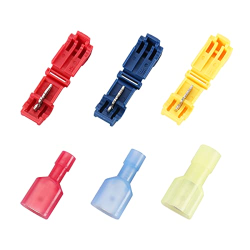 Baomain 120PCS Quick Splice Wire Terminals Kit, T-Tap Self-Stripping Connectors with Nylon Fully Insulated Male Spade Terminals, Red Blue Yellow Assortment
