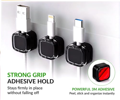 Cable Clips for Desk 6 Pack, Self Adhesive Cable Organizer, Cord Holder for Charging Cables, USB Cables, Earphones & Computer Wires, Wire Management Clips for Home, Office & Car, Black