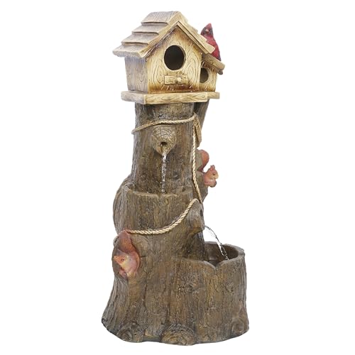 Alpine Corporation ZEN552 Outdoor Multitiered Birdhouse with Cardinal and Squirrels Water Floor Fountain for Patios, Gardens, and Yard Decor, 24" H, Brown - style: Tree and Cardinal Birdhouse