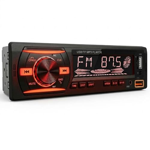 1 DIN Car Stereo Bluetooth Audio Receiver - FM Radio MP3 Player with Hands-Free Calling, Wireless Music Streaming, Fast Charging, USB/TF/AUX Port, 7-Color Backlight, Clock Display, Remote Control