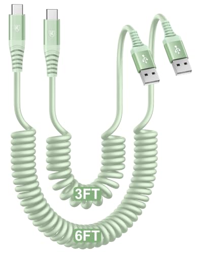 Coiled USB A to USB C Cable for CarPlay [3FT+6FT], USB to USB C Cable - color: Green, size: 3FT+6FT